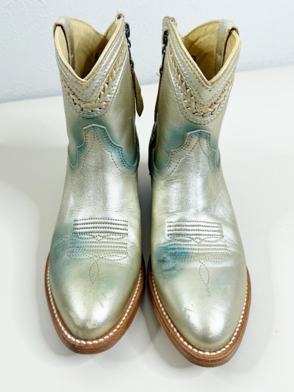 Ariat 6.5 B Womens Boots Ankle Gold Blue Metallic Side Zip Leather EUC